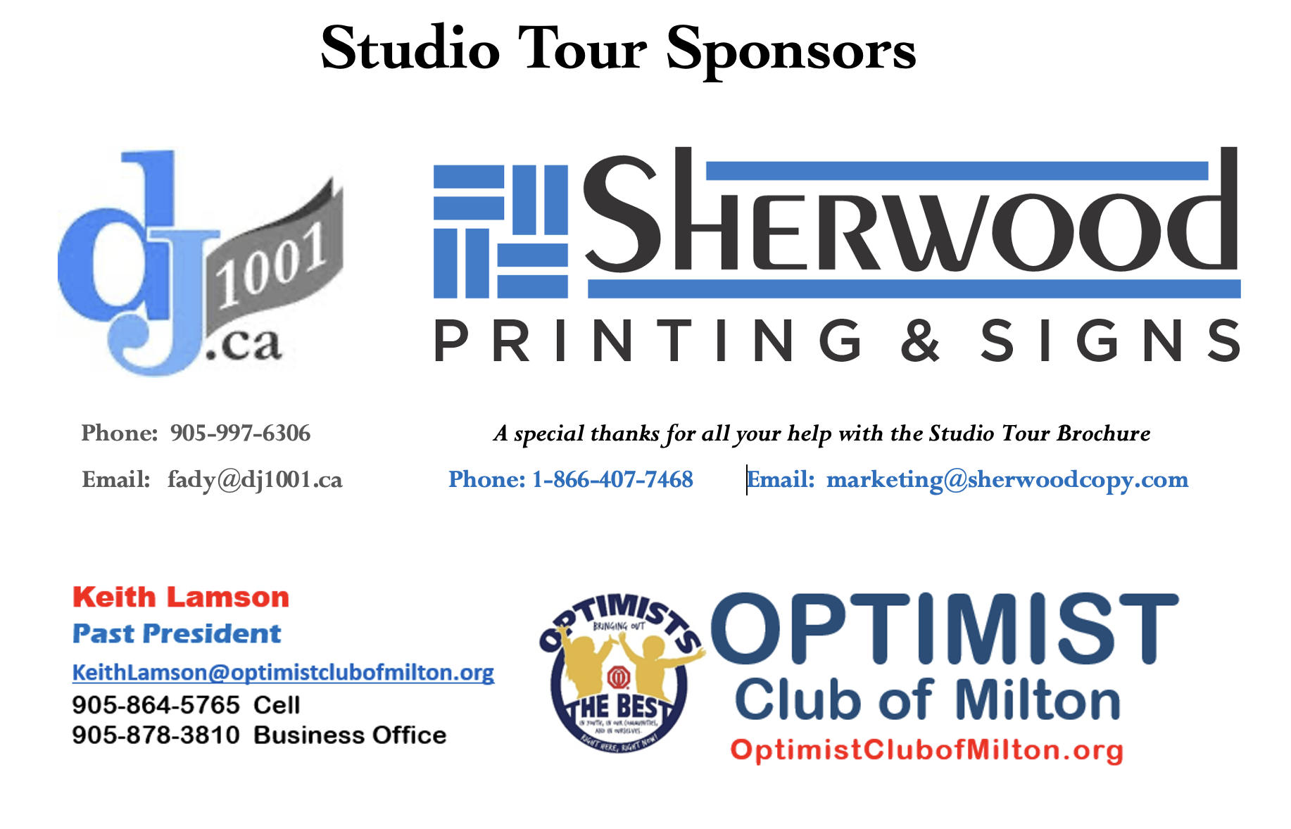Studio Tour Sponsors dj1001 logo and Optimist Club of Milton logo and Sherwood Printing logo